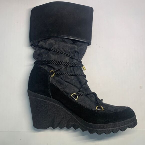 Coach Maisy Black Signature C Lace Up Wedge Boots size 8B - Picture 4 of 12